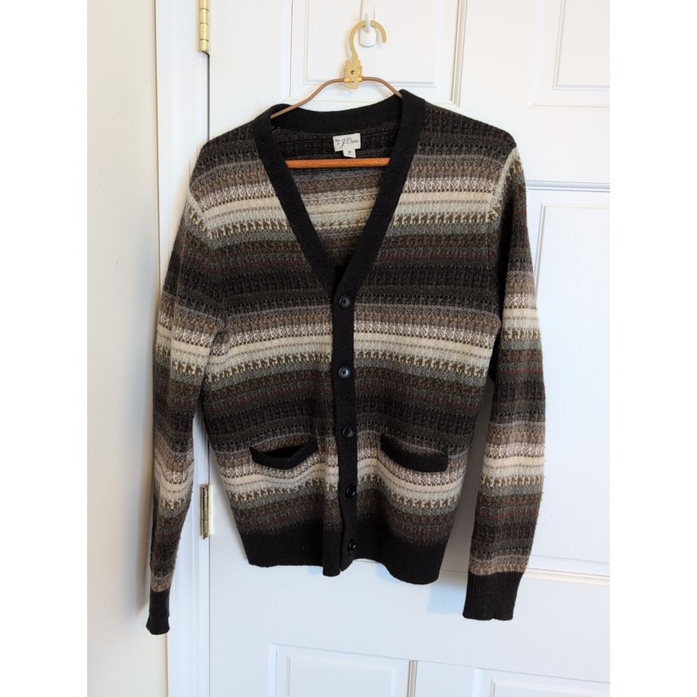 J Crew 100% Wool Fair Isle Cardigan Sweater in Chocolate Forest Brown Medium